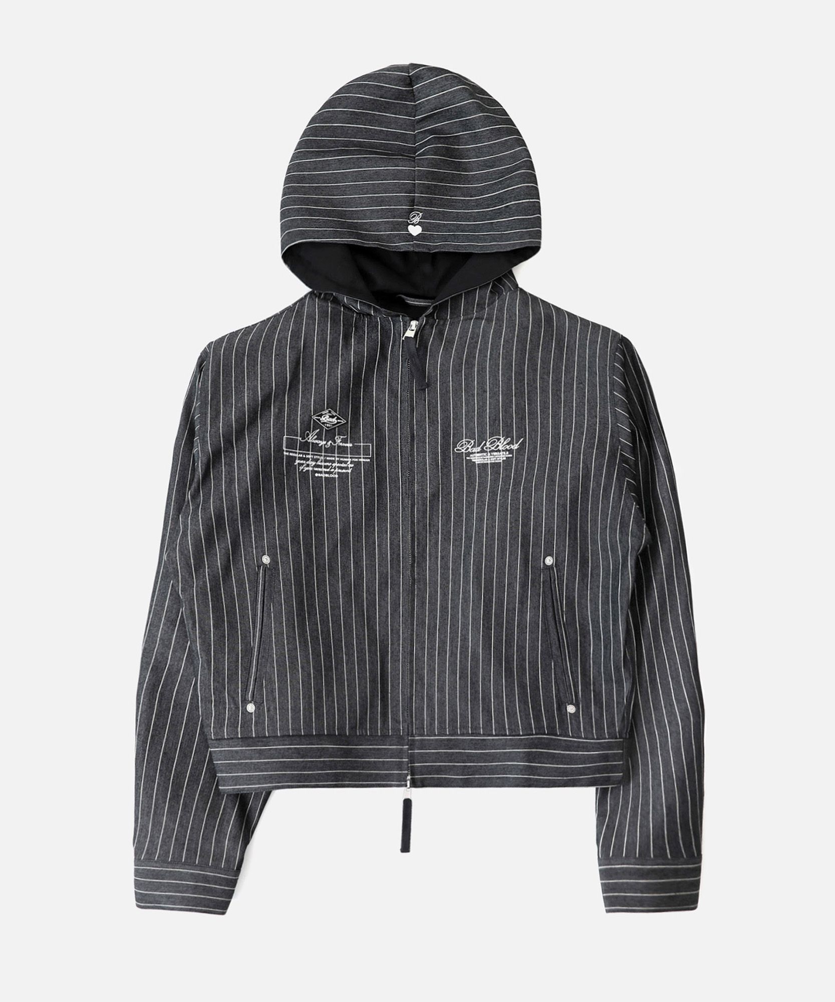 MUSINSA | BADBLOOD Striped Denim Hoodie Zip-Up - Black