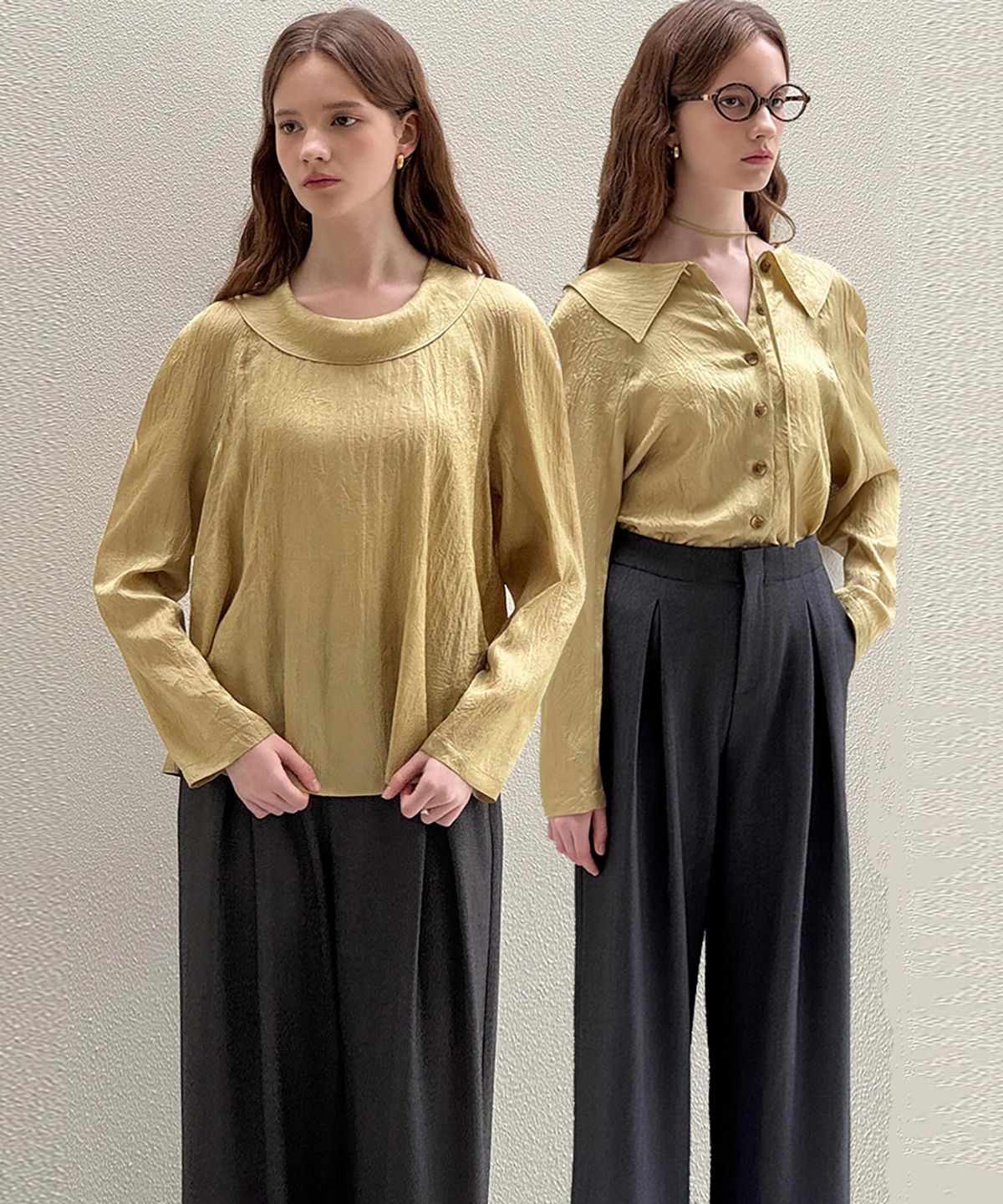 로트르드민(LAUTREDE MIN) Haze Cowl Olivebeige Blouse