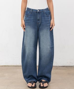 우먼즈 커브드 워싱 밴딩 데님팬츠[베이직블루]