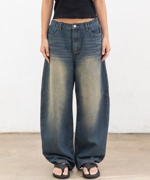 우먼즈 커브드 워싱 밴딩 데님팬츠[옐로우블루]