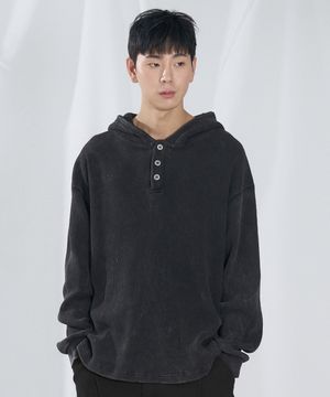 와플 헨리 넥 후드 롱슬리브 [블랙]