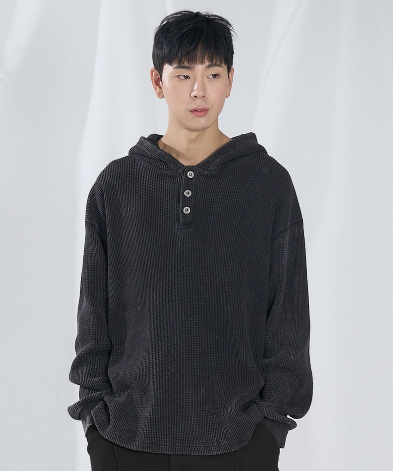 와플 헨리 넥 후드 롱슬리브 [블랙]