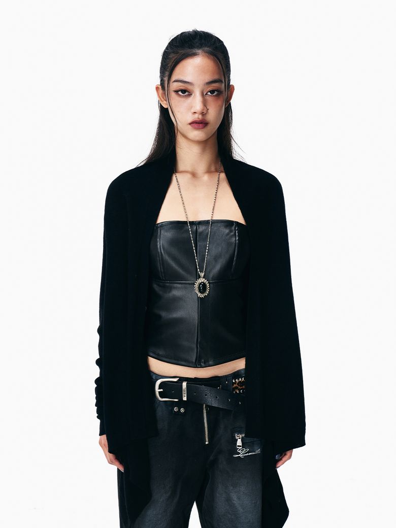 DRAPED BUTTON-DETAIL OPEN CARDIGAN BLACK