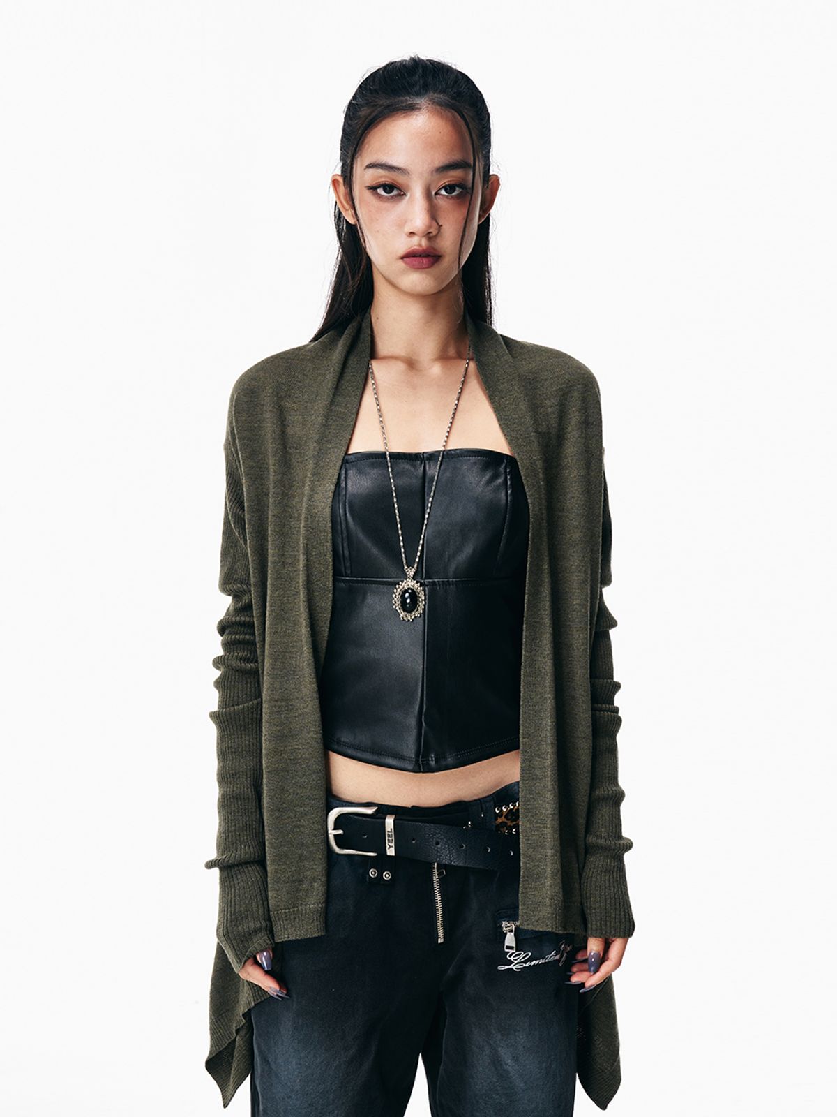와이이이엘(YEEL) DRAPED BUTTON-DETAIL OPEN CARDIGAN KHAKI