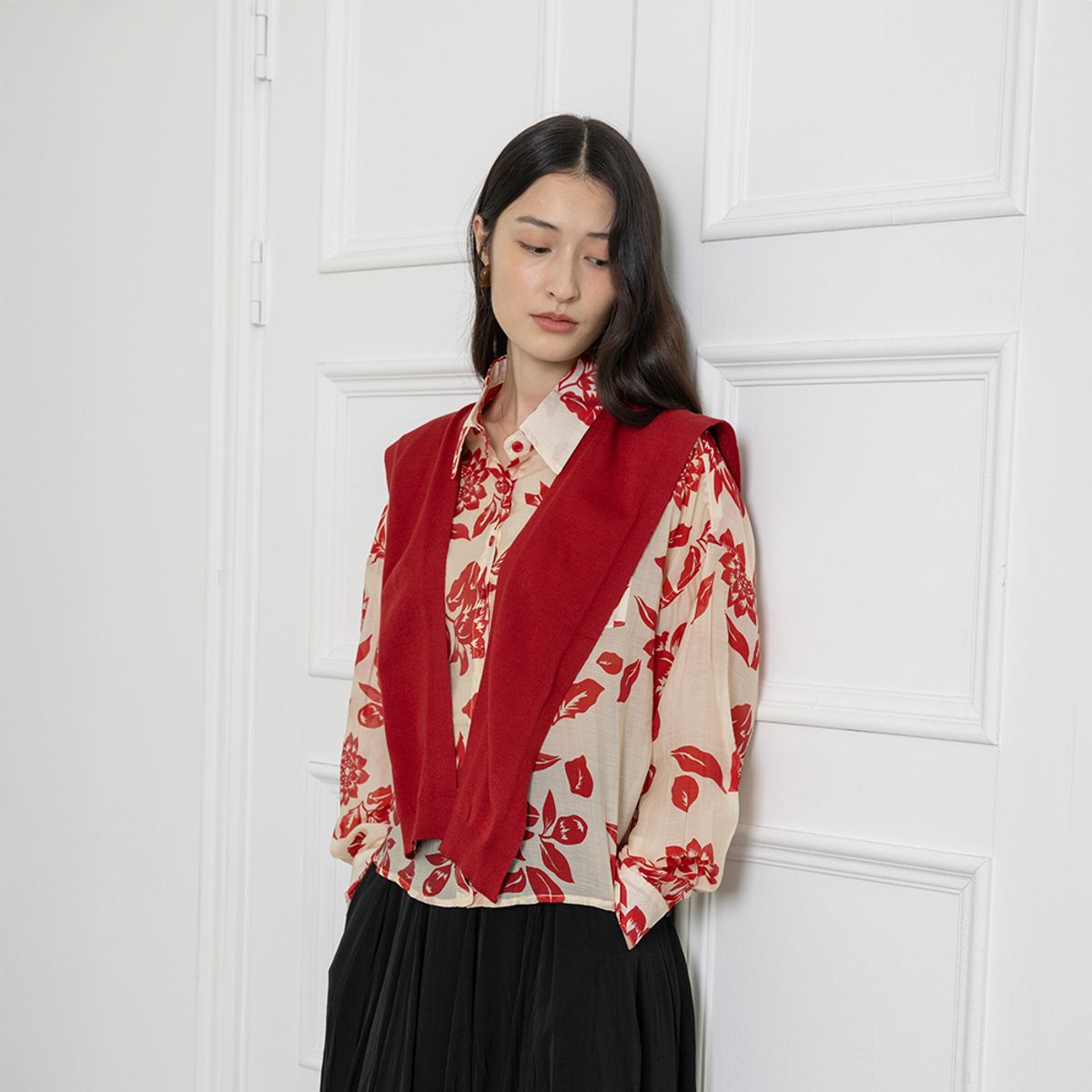 랭썬(LANGSON) LS_Maple leaf shirt and shawls set_RED