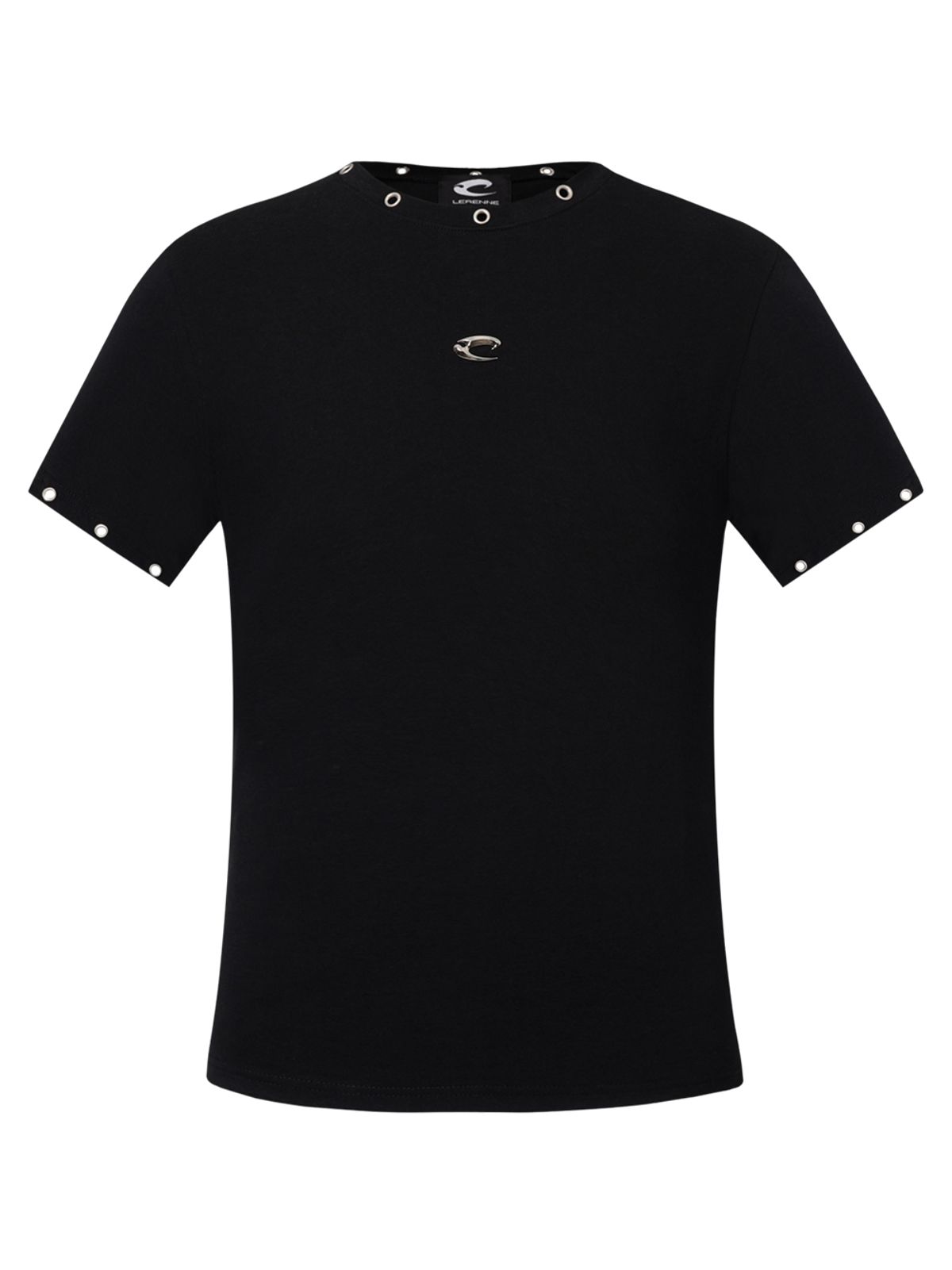 르렌느(LERENNE) Eyelet Slim Fit T-Shirt - Black
