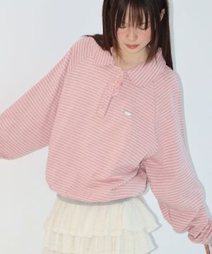 HENRYNECK FRILL POINT SWEATSHIRT PINK GREY STRIPE