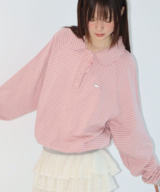 MUSINSA公式 | RONRON HENRYNECK FRILL POINT SWEATSHIRT PINK GREY STRIPE