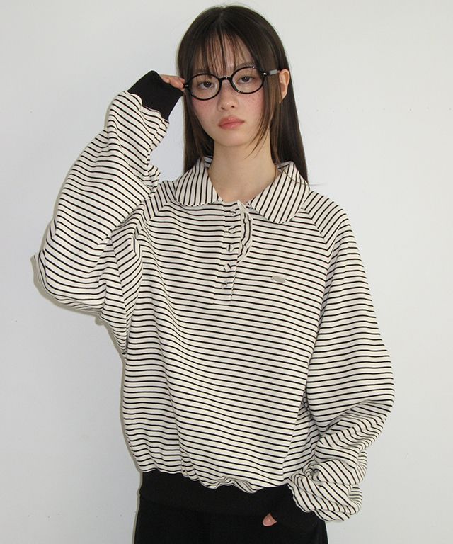 MUSINSA | RONRON HENRYNECK FRILL POINT SWEATSHIRT ECRU BLACK STRIPE