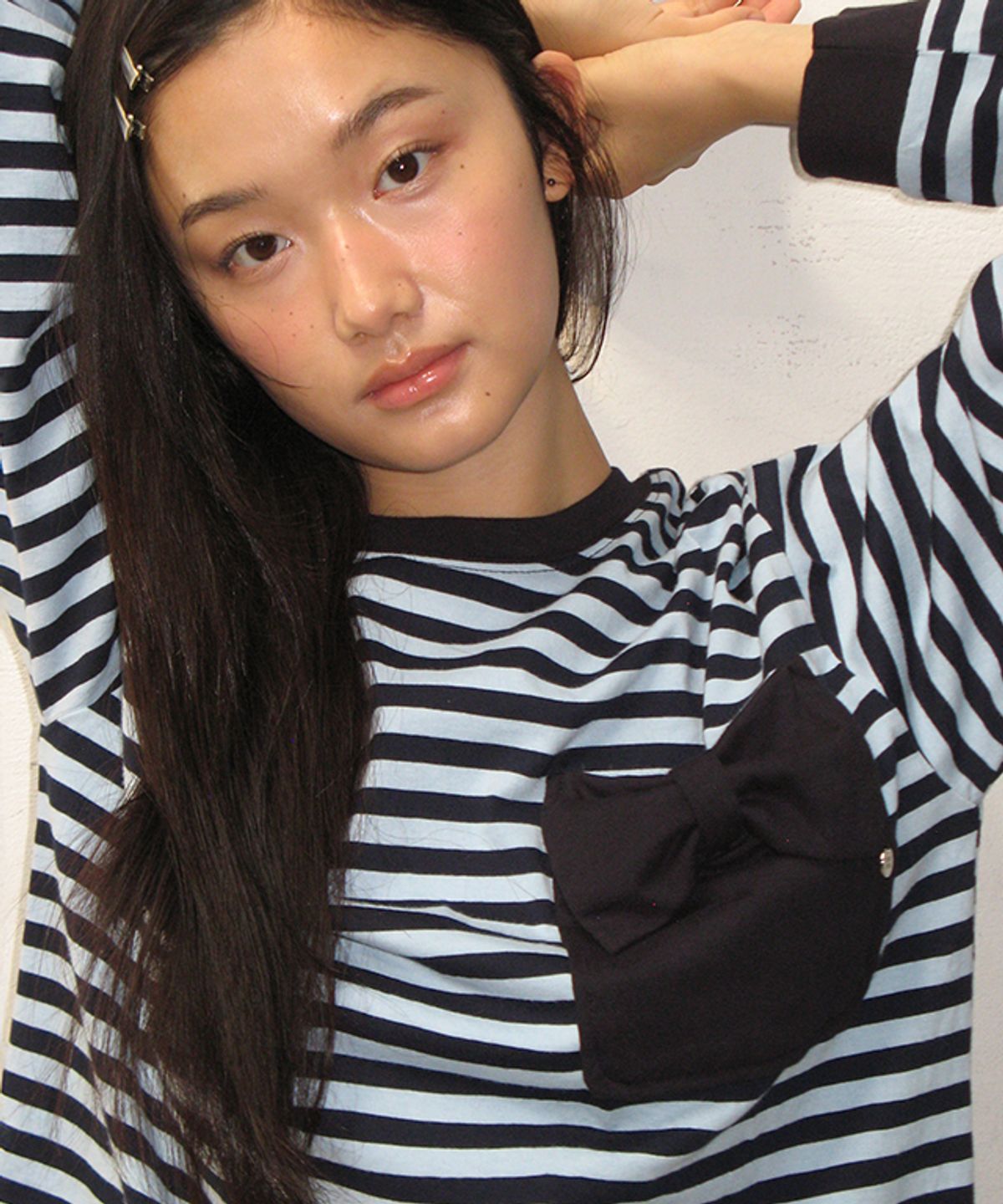 론론(RONRON) RIBBON POCKET STRIPE LONG SLEEVE NAVY BLUE
