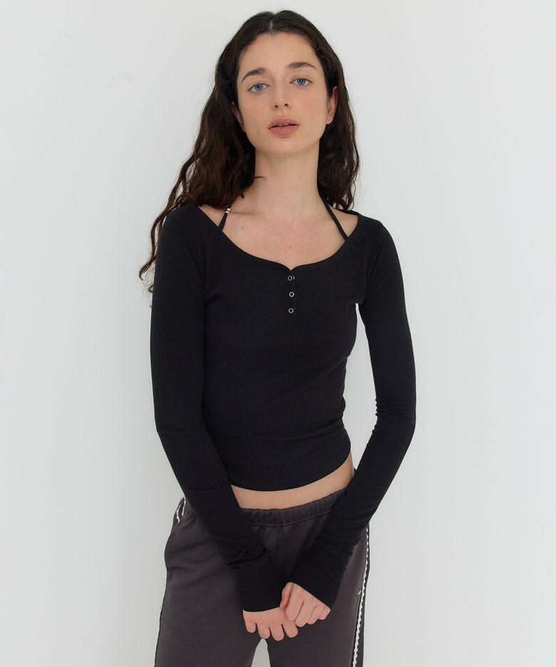 ROMY HALTER LAYERED BUTTON T - BLACK
