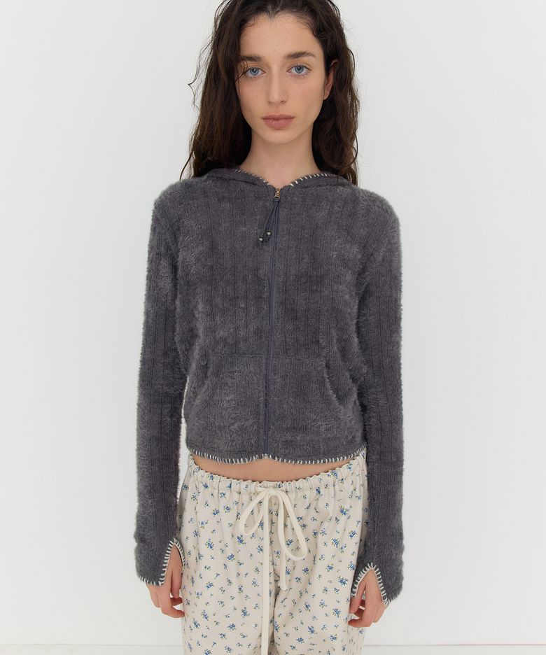 SUI STITCH KNIT HOODIE ZIP-UP - CHARCOAL