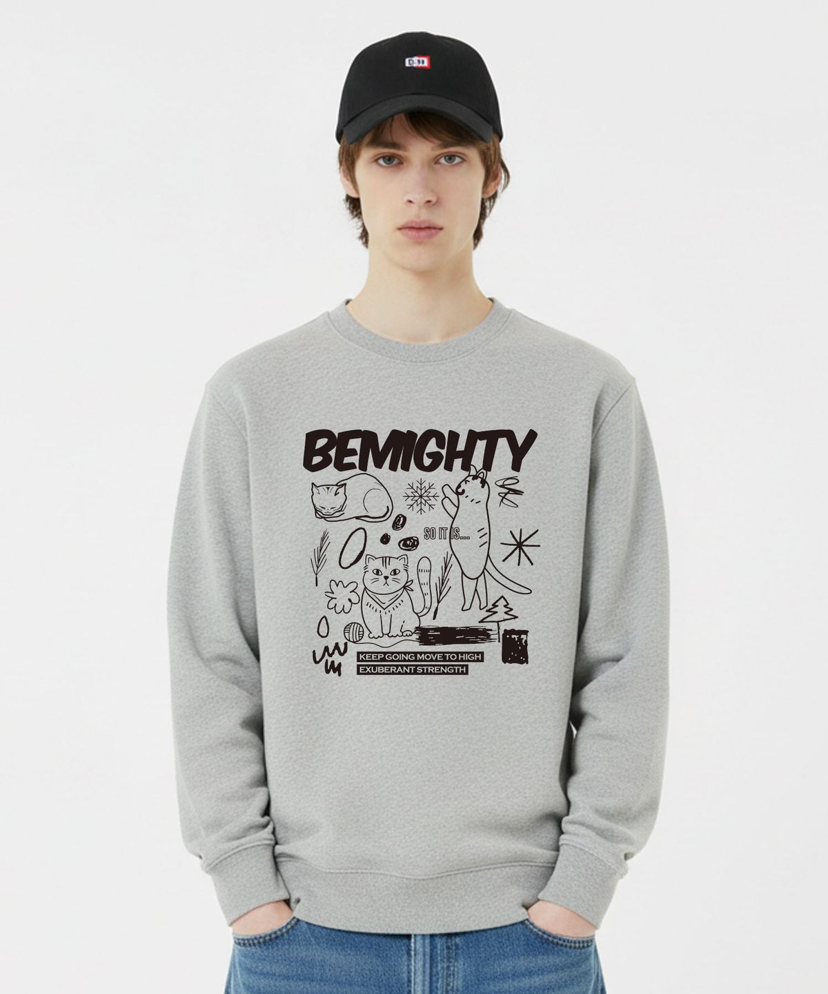 비마이티(BEMIGHTY) 드로잉 캣 오버핏 특양면 스웨트셔츠 [멜란그레이]