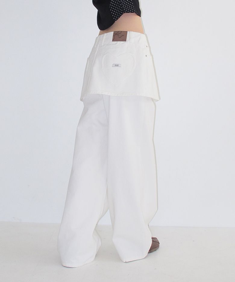 HEART POCKET DENIM SKIRT LAYERED PANTS WHITE