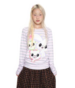 Shirred Long Sleeve Top_Stripe pink