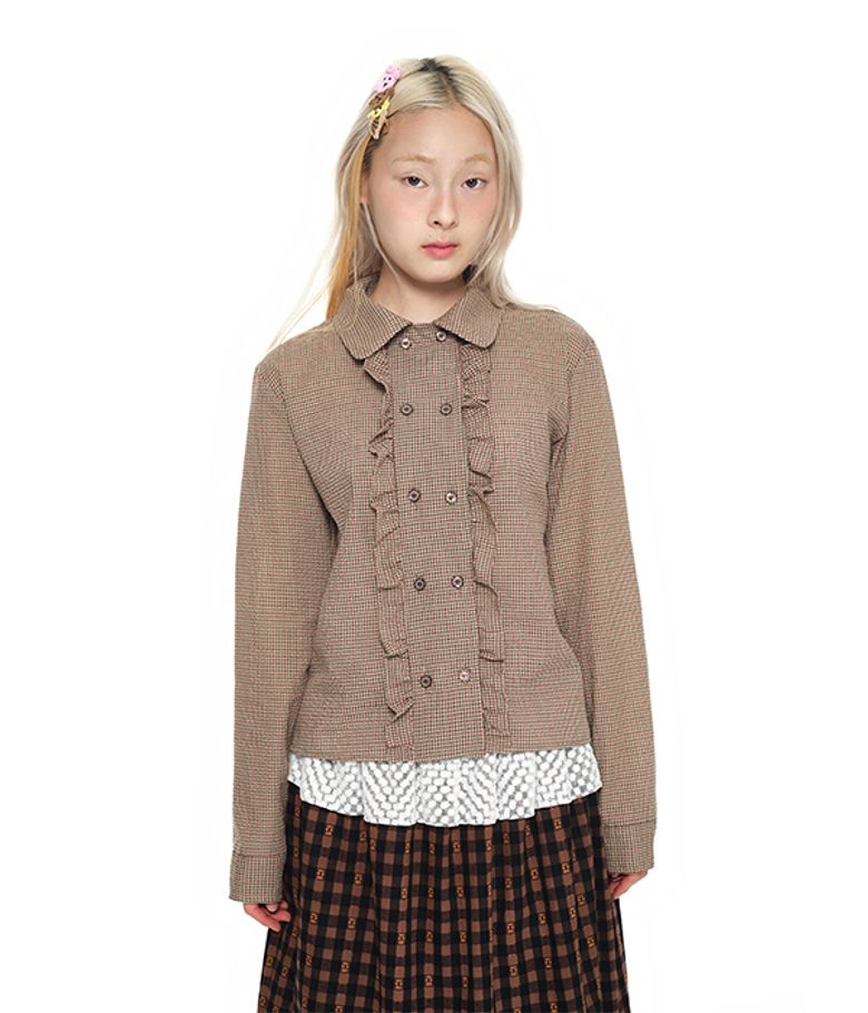 Double Button Frill Check Shirt_brown