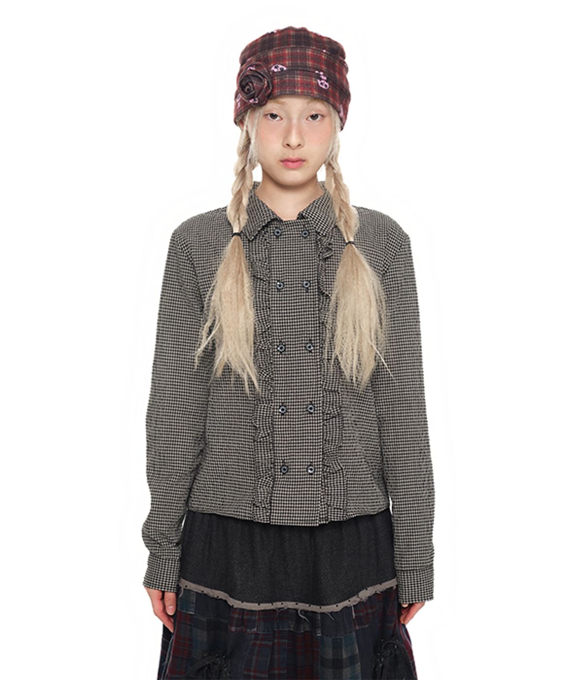 유쓰배쓰(YOUTHBATH) Double Button Frill Check Shirt_black
