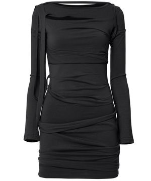 Asymmetrical Draped Long Dress (FL-196_Black)