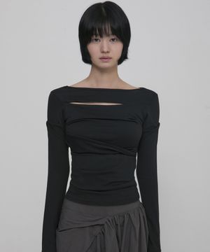 Asymmetrical Draped Long Sleeve (FL-195_Black)