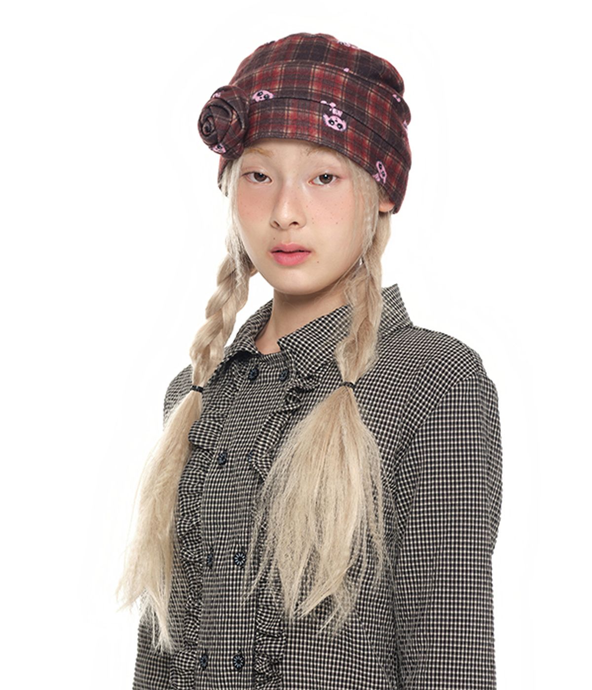 유쓰배쓰(YOUTHBATH) Corsage Checked Beanie_brown