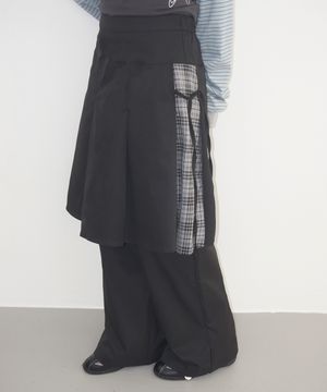 올데이 데이지 옆선 체크배색 미디 스커트 레이어드 와이드 핏 치마바지_2COLOR