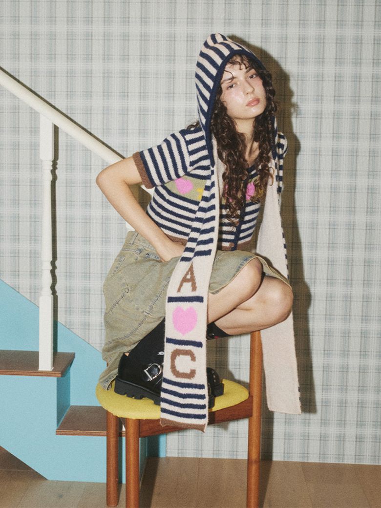 CALIE HOODED LOGO STRIPE KNIT MUFFLER NAVY