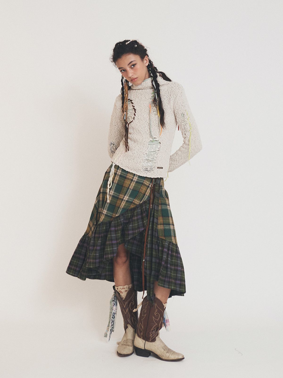 에즈이프 캘리(ASIF CALIE) MIX CHECK WRAP SKIRT KHAKI