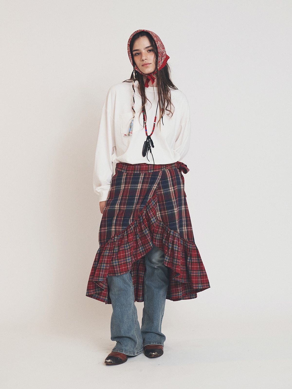 에즈이프 캘리(ASIF CALIE) MIX CHECK WRAP SKIRT RED
