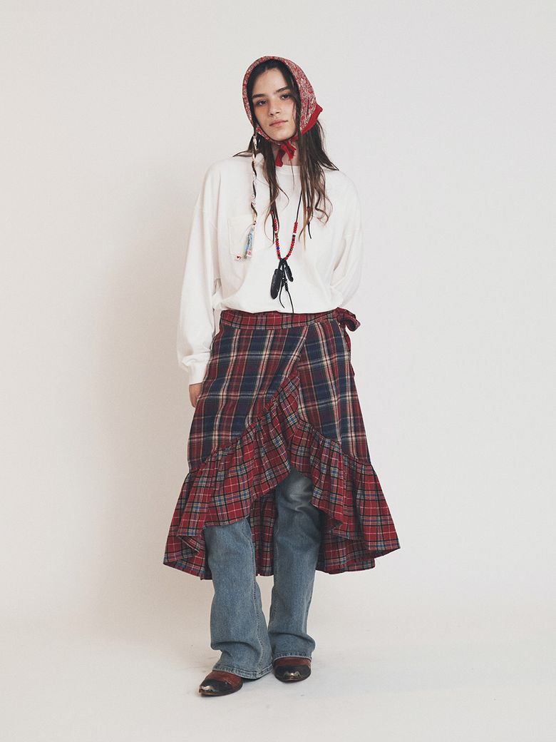 MIX CHECK WRAP SKIRT RED