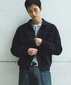 헤어리 크롭 스트라이프 자켓 - 블랙