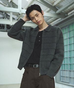 헤어리 크롭 스트라이프 자켓 - 딥그레이