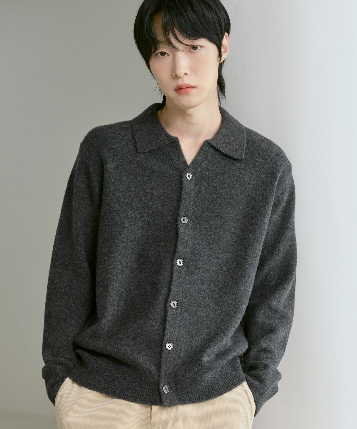 210에디트(210EDIT) 남녀공용 포실니트 카라가디건 [차콜]_ZF4SW093