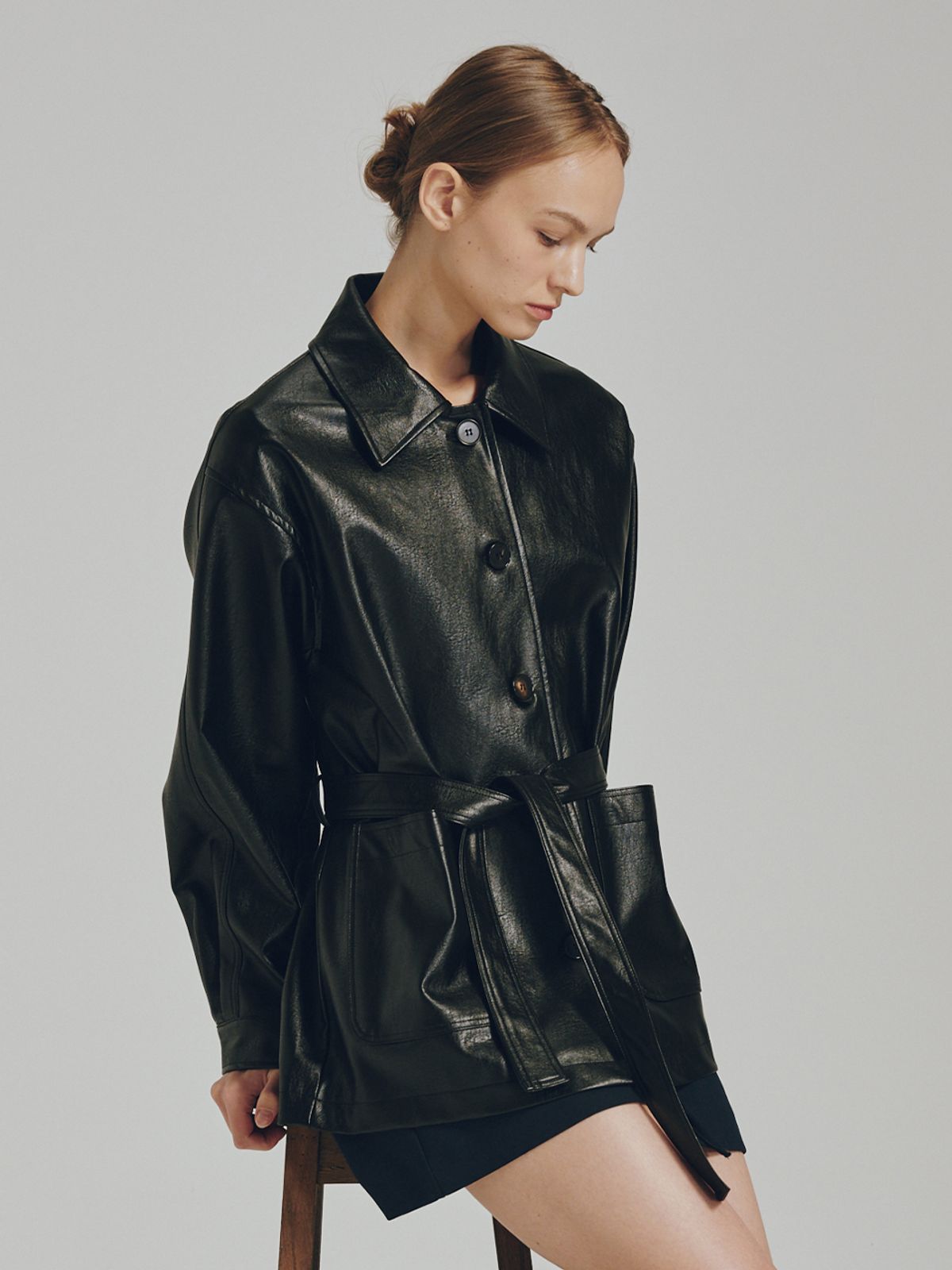 누브(NOUVE) 벨티드 레더 자켓 - 블랙 / Belted Leather Jacket - Black