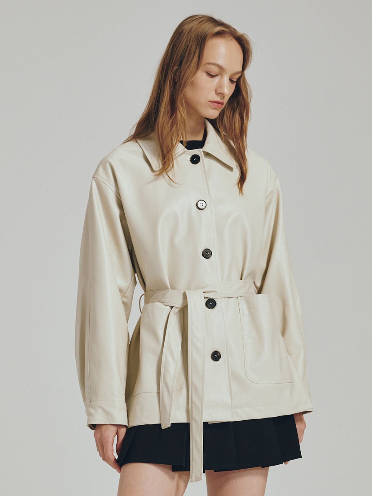 누브(NOUVE) 벨티드 레더 자켓 - 크림 / Belted Leather Jacket - Cream