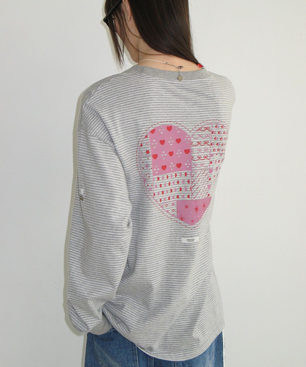 론론(RONRON) MULTI PATTERN HEART STRIPE LONG SLEEVE GREY