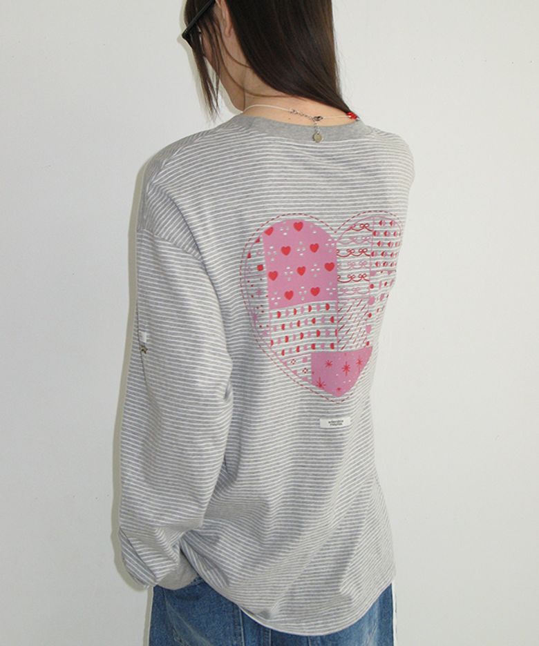 MULTI PATTERN HEART STRIPE LONG SLEEVE GREY