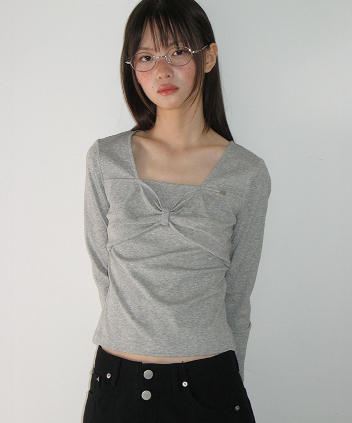 론론(RONRON) RIBBON KNOT SQUARE NECK LONG SLEEVE GREY