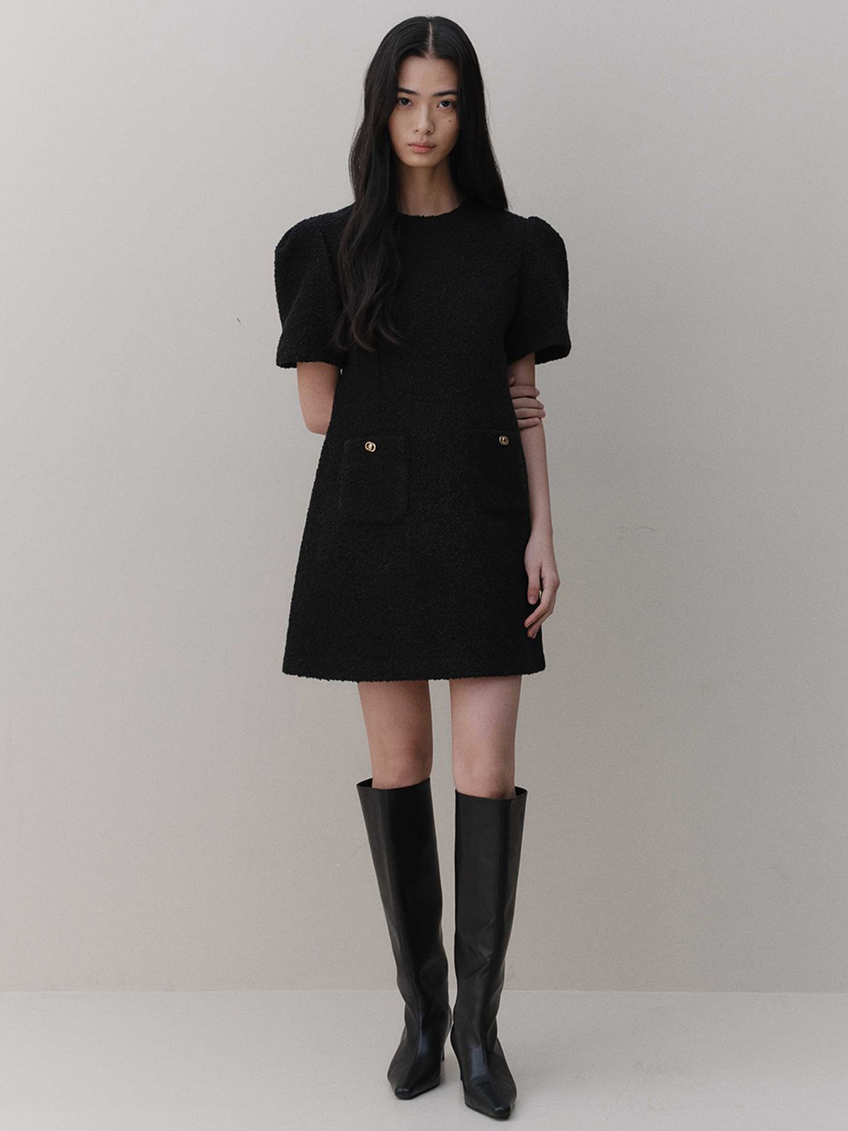 아르카익(ARCHAIC) puff tweed mini dress_black