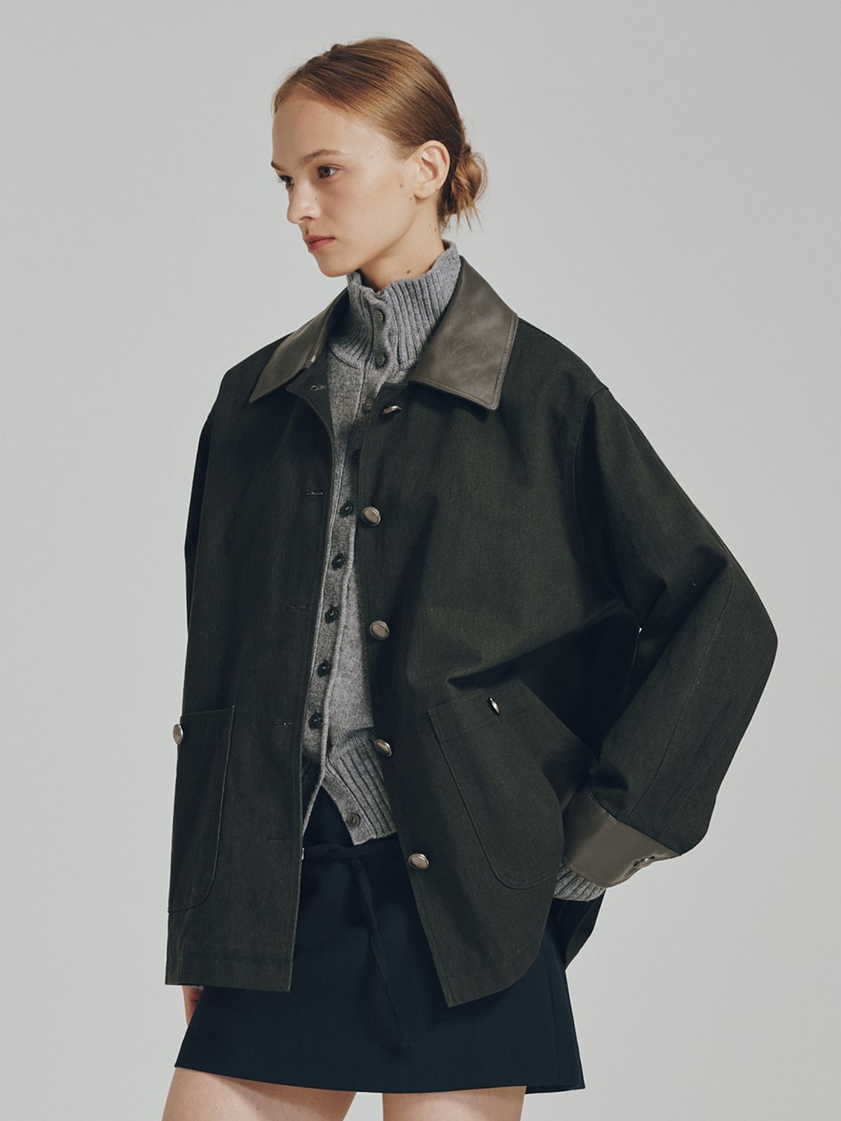 누브(NOUVE) 코튼 레더 워크 자켓 -  다크 그레이 / Cotton Leather Work Jacket - Dark Gray