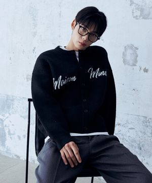 SCRIPT TYPE ROUND NECK CARDIGAN BLACK