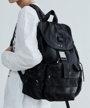 EYELET THREE-POCKET BUCKLE BACKPACK BLACK