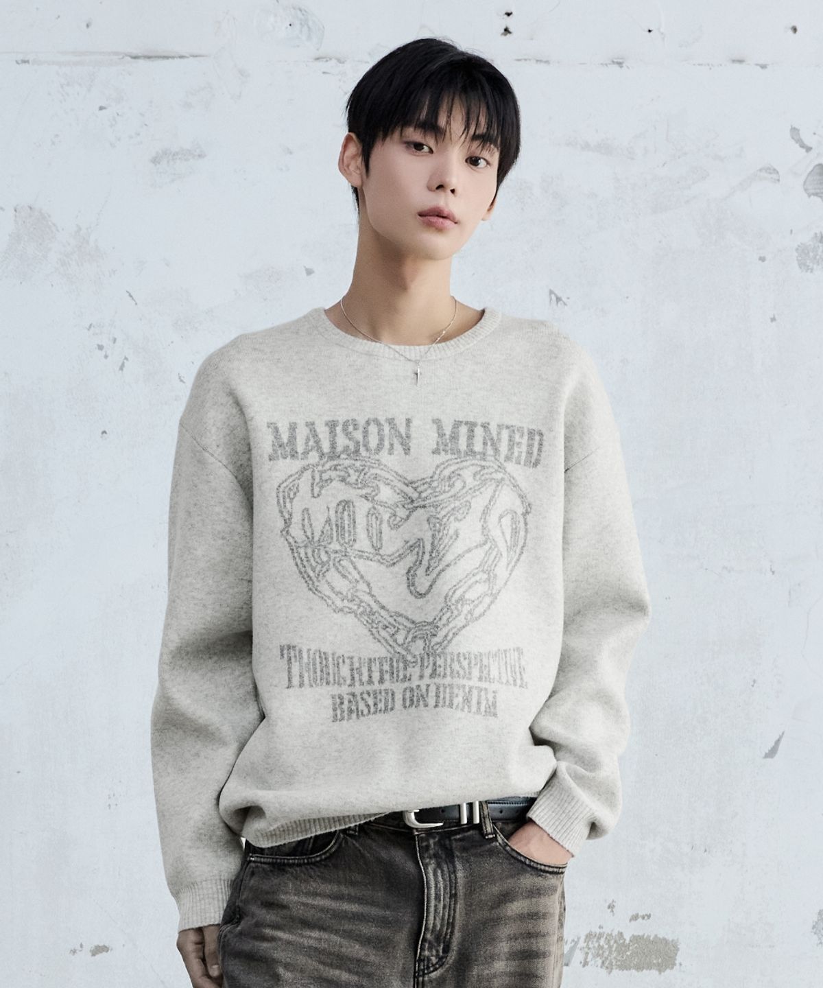 메종미네드(MAISON MINED) DOODLE HEART KNIT MELANGE GRAY