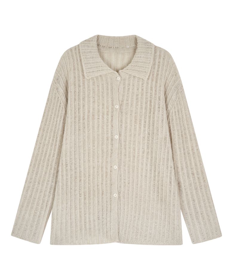 시어 골지 카라 니트 롱 가디건 (Beige)