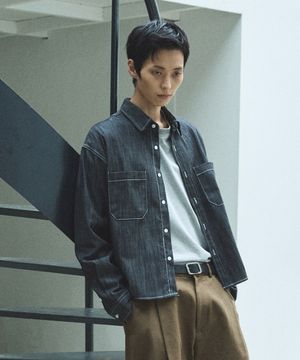 논페이드 세미 크롭 긴팔 데님 셔츠 - 블랙