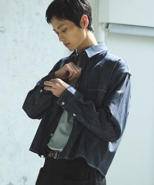 논페이드 세미 크롭 긴팔 데님 셔츠 - 진청