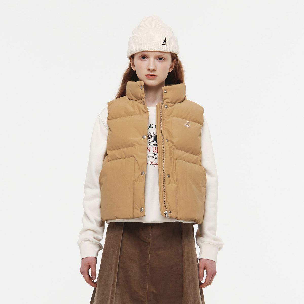 캉골(KANGOL) 우먼스 스탠드칼라 다운 베스트 6144 베이지