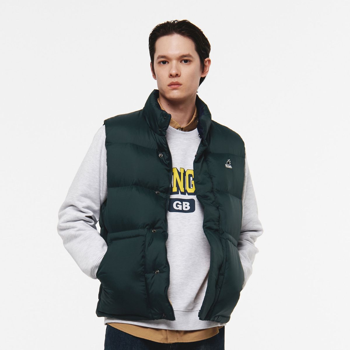 캉골(KANGOL) 스탠드칼라 다운 푸퍼 베스트 6141 다크그린
