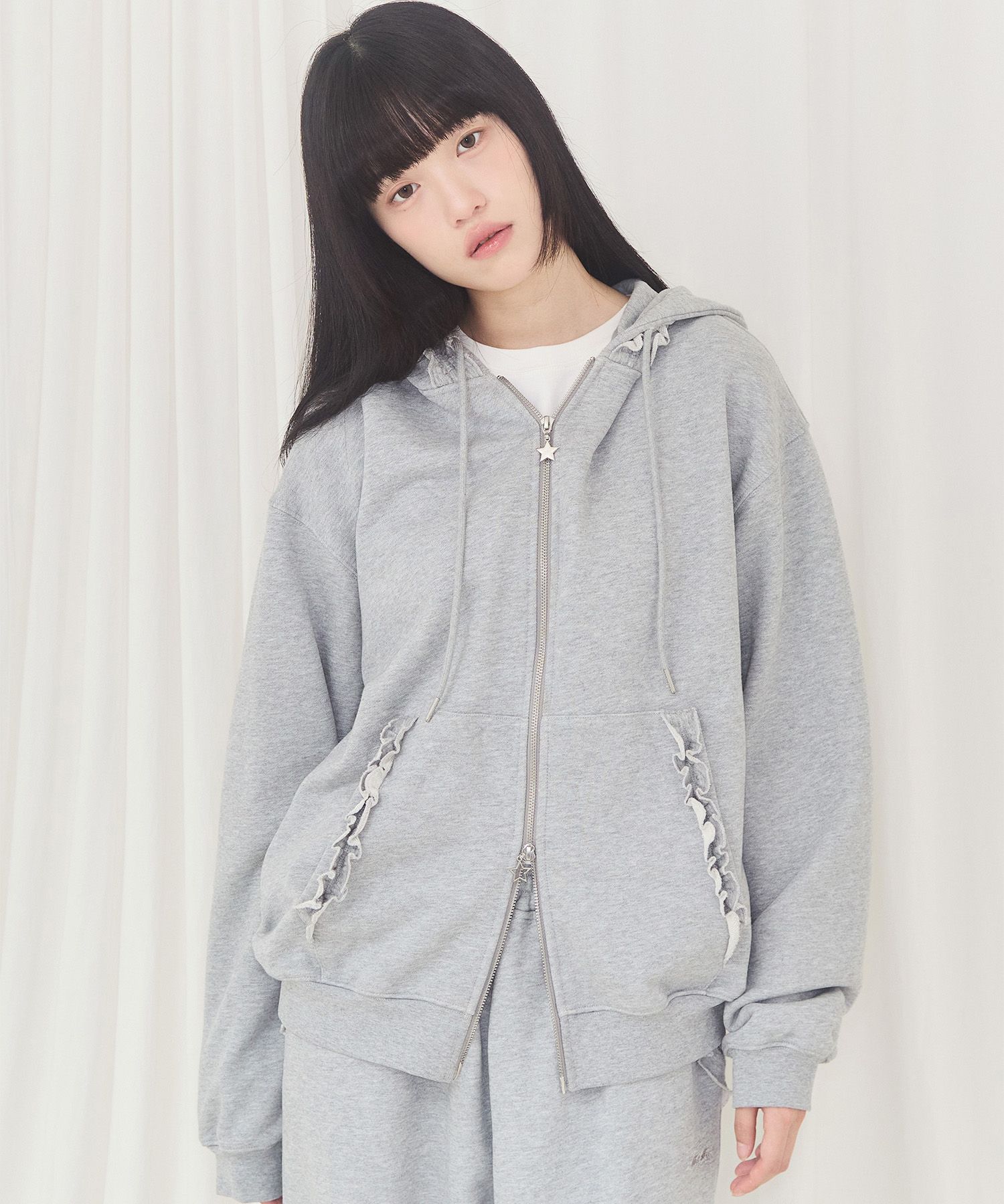 MUSINSA公式 | ALKI ALKA Frill Hoodie Zip-up (Gray)