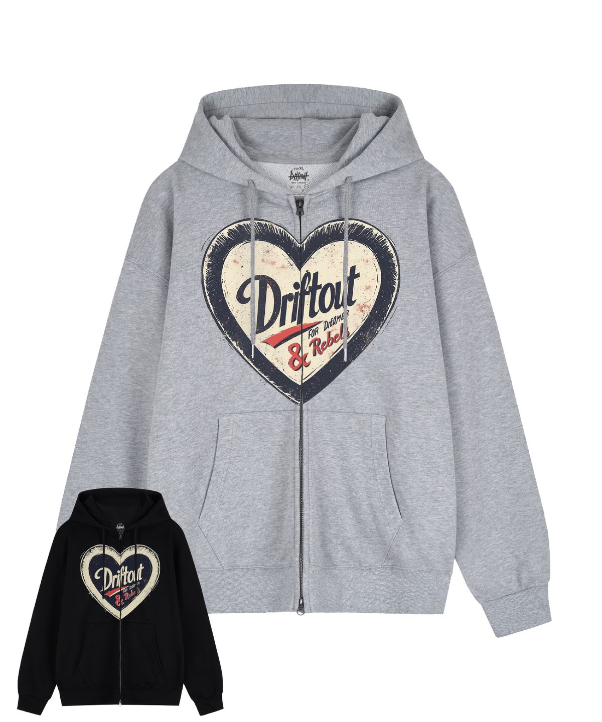 드리프트아웃(DRIFTOUT) 더블 레이어 레벨 하트 2웨이 후드 집업 (2color)