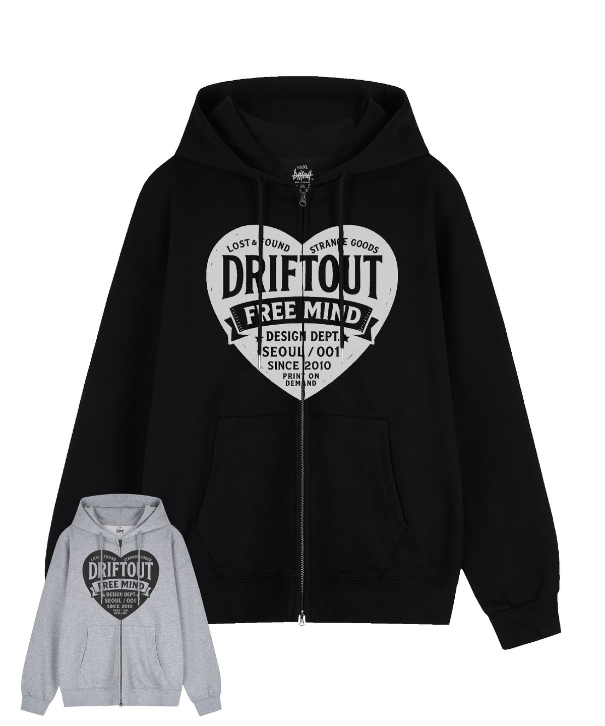 드리프트아웃(DRIFTOUT) 프리 마인드 텍스트 로고 하트 2웨이 후드 집업 (2color)